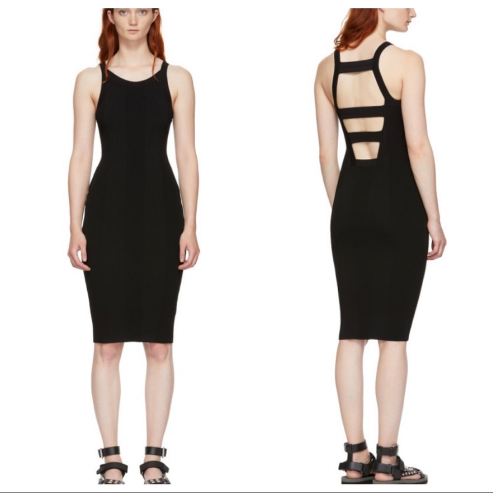 Alexander Wang Cut Out Strappy Cage Back Sleeveless Ribbed Black Midi Dress